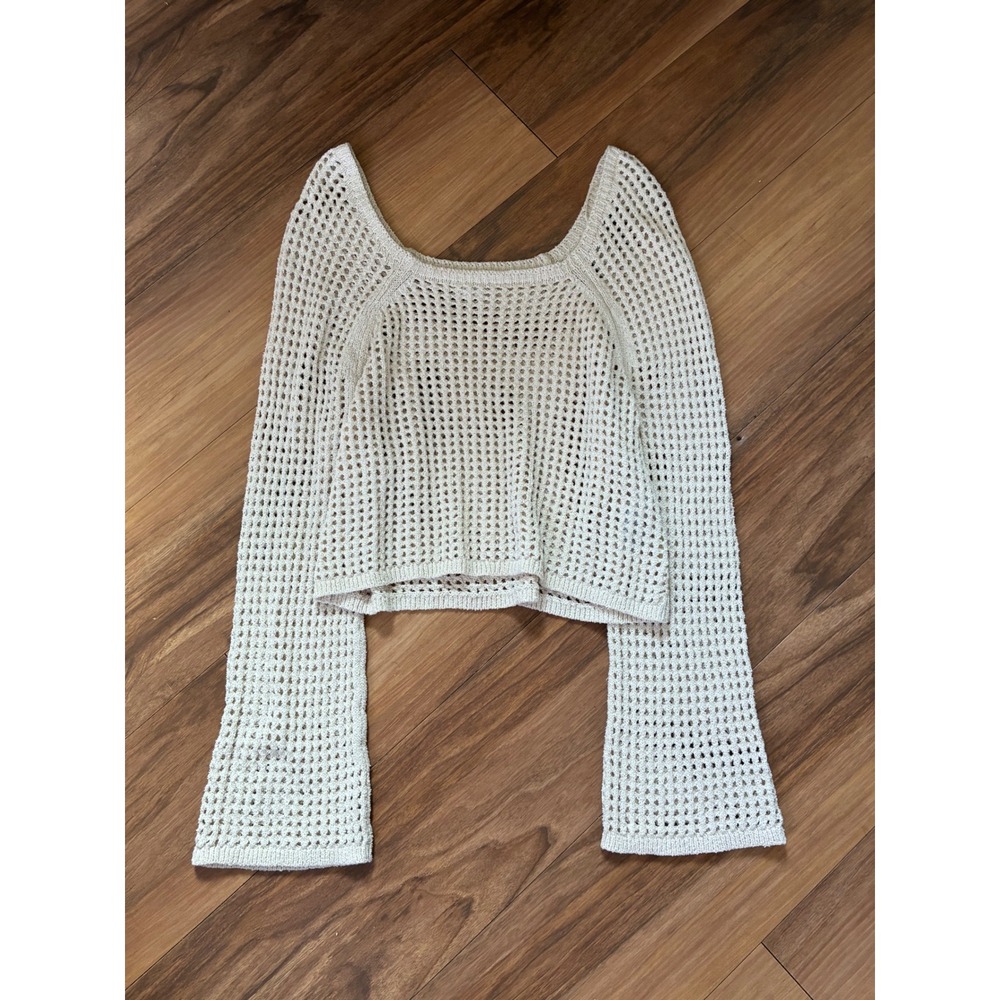 Old Navy Fairycore Cream Open Knit Crochet Sweater Square Neck Long Sleeve M